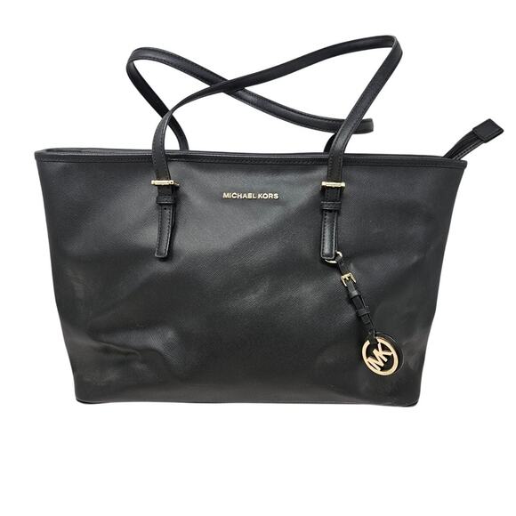 MICHAEL KORS Jet Set Saffiano Leather Black Tote Bag Career Minimalist Classic - Picture 1 of 6